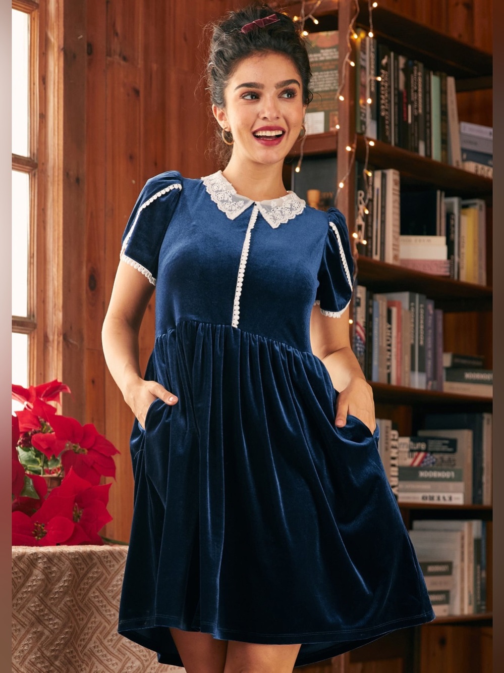 NWT ModCloth Victorian Whisper Lace Collar Velvet Dress - Navy Blue Size M